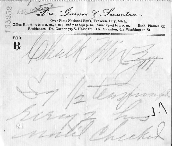 Handwritten antique prescription for Chalk Mixture by Drs. Garner & Swanton, Traverse City, Michigan.