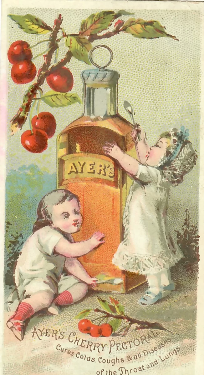 Trade card showing children with oversized bottle of Ayer’s Cherry Pectoral