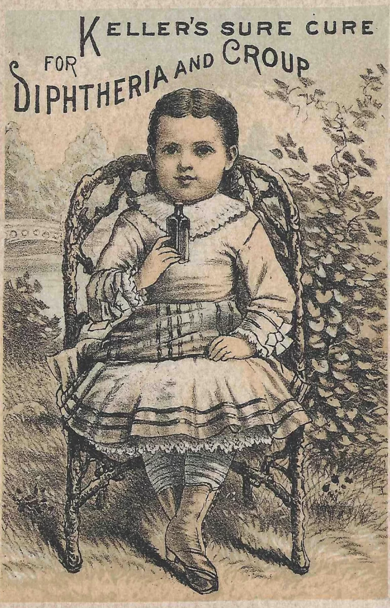 Antique Keller’s Sure Cure bottle label, 1881 patent medicine for diphtheria, coughs, fevers, and sore nipples.