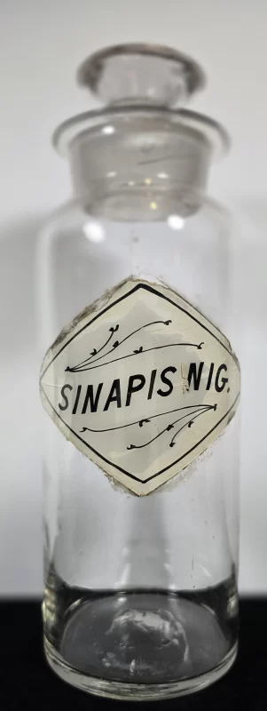 Front view of Sinapis Nigra apothecary jar label