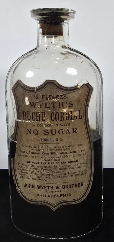 Front label of Wyeth’s Buchu Cordial bottle by John Wyeth & Brother, Philadelphia.