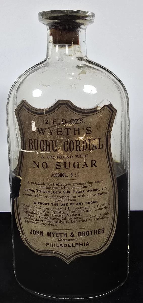 Front label of Wyeth’s Buchu Cordial bottle by John Wyeth & Brother, Philadelphia.