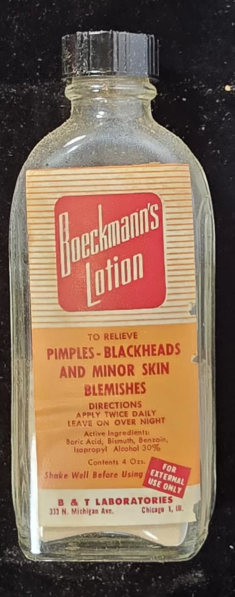 Boeckmann’s Lotion bottle and box labeled for pimples, blackheads, and minor skin blemishes.
