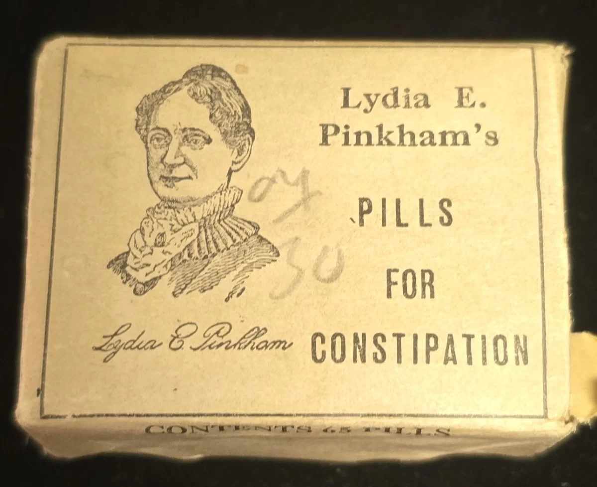 Vintage box labeled “Lydia E. Pinkham’s Pills for Constipation,” showing portrait of Lydia Pinkham and text “Contents 65 Pills.”
