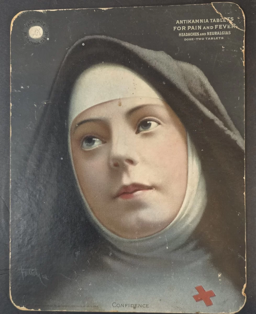 1904 Antikamnia Tablets advertising calendar front showing portrait “Confidence” of a nun/nurse promoting pain and fever tablets.