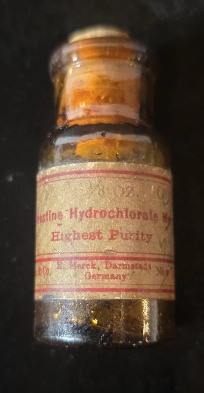 Amber glass bottle of Hydrastine Hydrochlorate by Merck & Co., circa 1900, labeled “Highest Purity.”