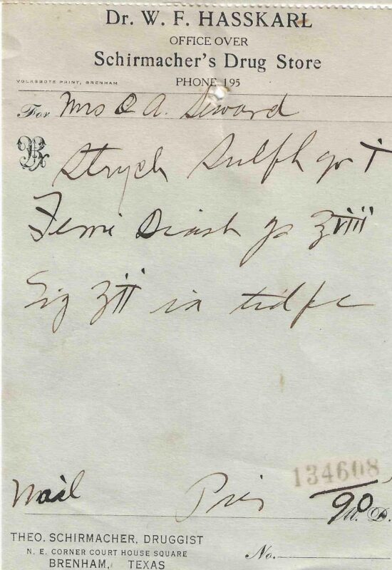 Handwritten prescription from Dr. W. F. Hasskarl for iron and strychnine tonic, Brenham, Texas, circa 1915.