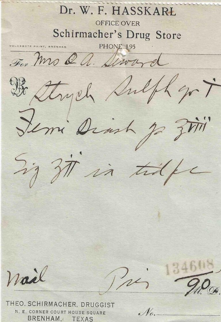 Handwritten prescription from Dr. W. F. Hasskarl for iron and strychnine tonic, Brenham, Texas, circa 1915.