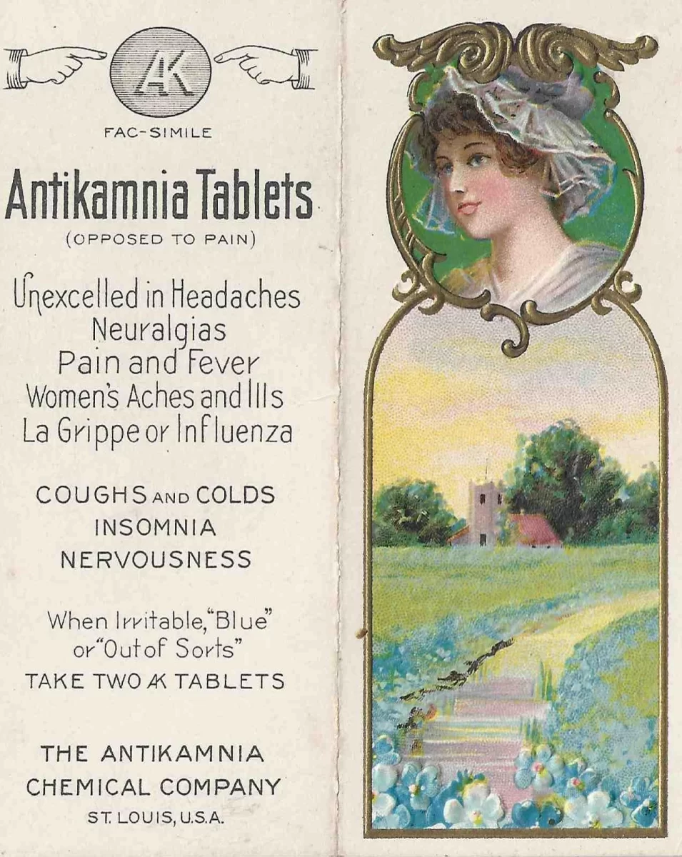1913 Antikamnia Tablets advertising card featuring gilt Art Nouveau portrait with printed medical claims and calendar reverse.