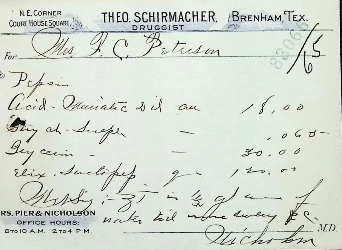 Handwritten prescription from Dr. Nicholson, Brenham, Texas, listing pepsin, dilute muriatic acid, strychnine sulfate, glycerin, and Elixir Lactopeptin