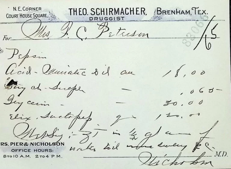 Handwritten prescription from Dr. Nicholson, Brenham, Texas, listing pepsin, dilute muriatic acid, strychnine sulfate, glycerin, and Elixir Lactopeptin