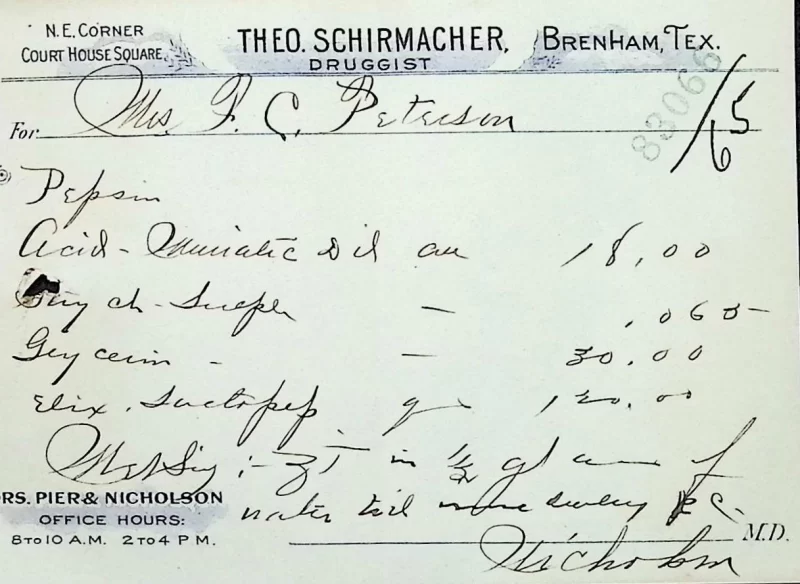 Handwritten prescription from Dr. Nicholson, Brenham, Texas, listing pepsin, dilute muriatic acid, strychnine sulfate, glycerin, and Elixir Lactopeptin
