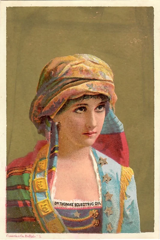 Front of Dr. Thomas’ Electric Oil trade card showing chromolithograph portrait of woman.