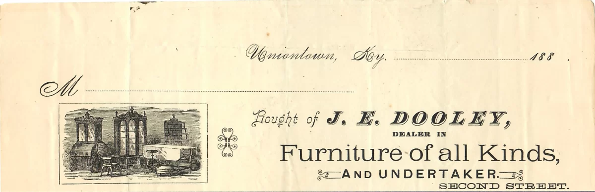 1880s J. E. Dooley letterhead from Uniontown, Kentucky advertising furniture and undertaking, with engraved Victorian parlor vignette.