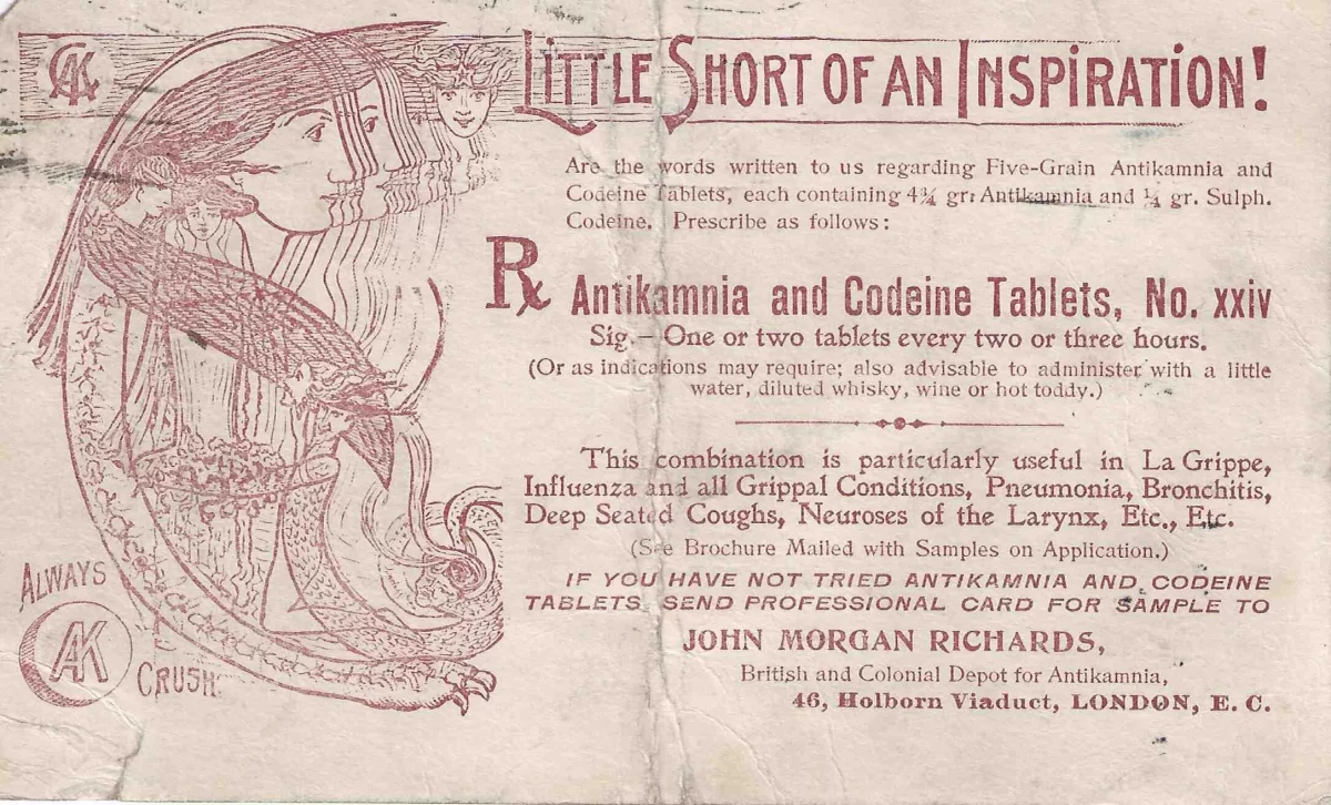 Antique 1899 Antikamnia and Codeine Tablets advertising postcard showing Art Nouveau female figures and the slogan “Little Short of an Inspiration,” mailed from St. Louis to Dublin.