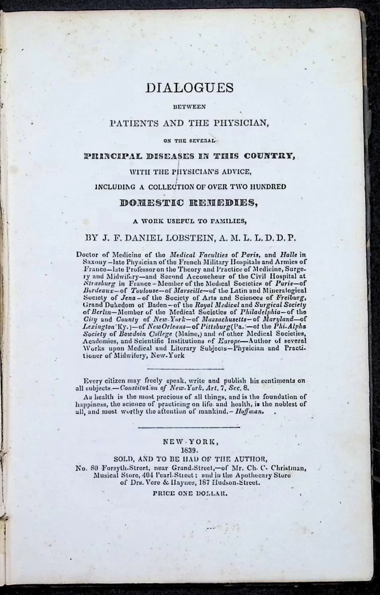 Title page of J.F. Daniel Lobstein’s 1839 Dialogues Between Patients and the Physician,