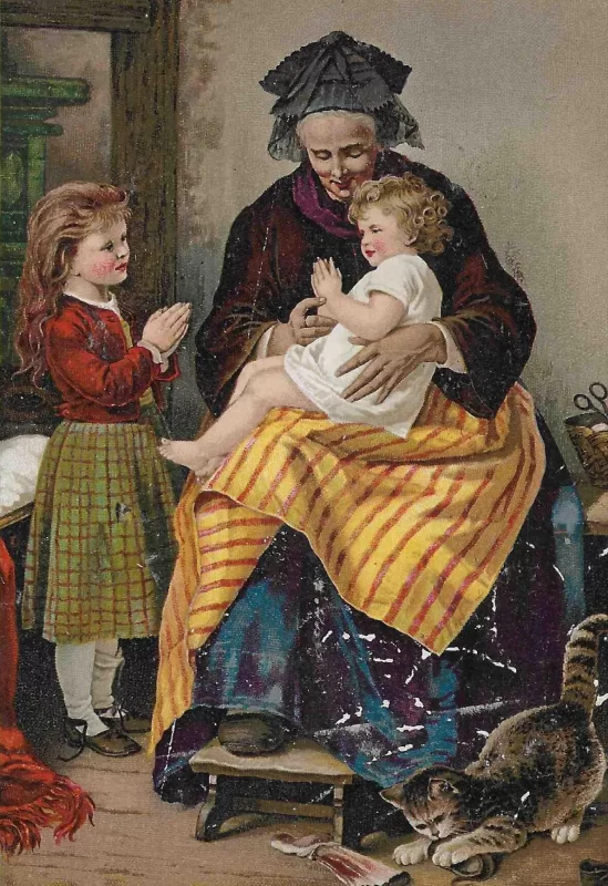 Front of Dr. Jayne’s “The Morning Prayer” trade card showing a mother praying with her children