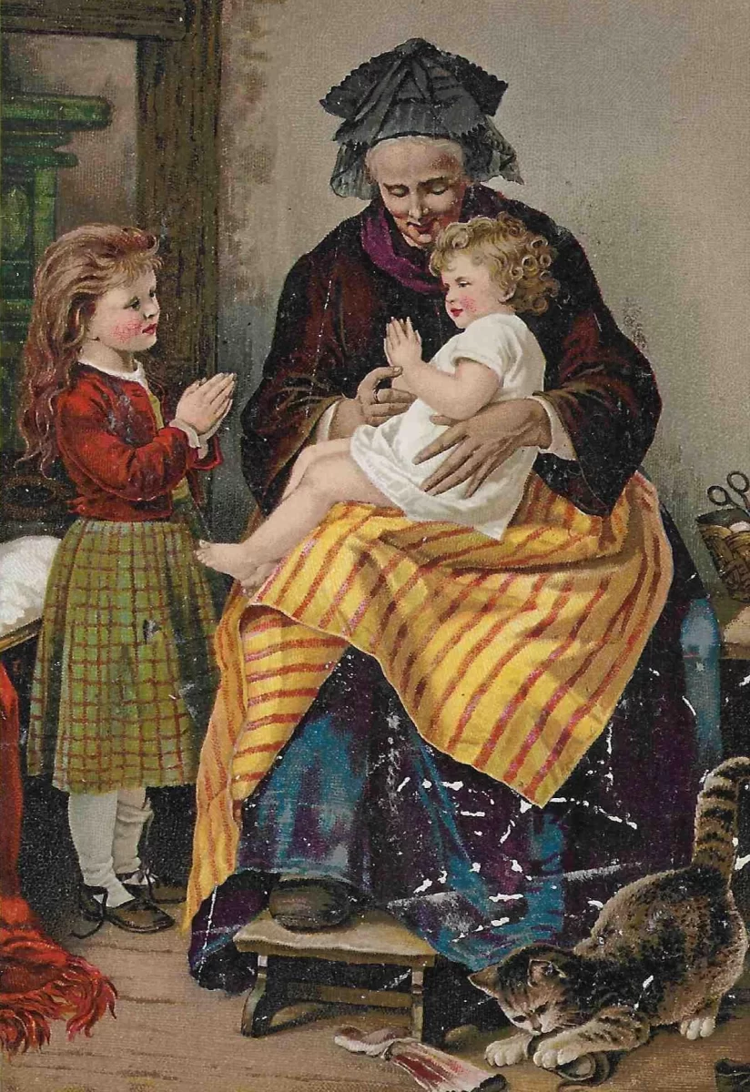 Front of Dr. Jayne’s “The Morning Prayer” trade card showing a mother praying with her children
