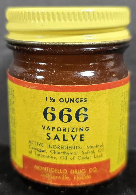 Vintage 666 Vaporizing Salve jar and box by Monticello Drug Co., Jacksonville, Florida, circa 1940s–1950s, with instruction leaflet.