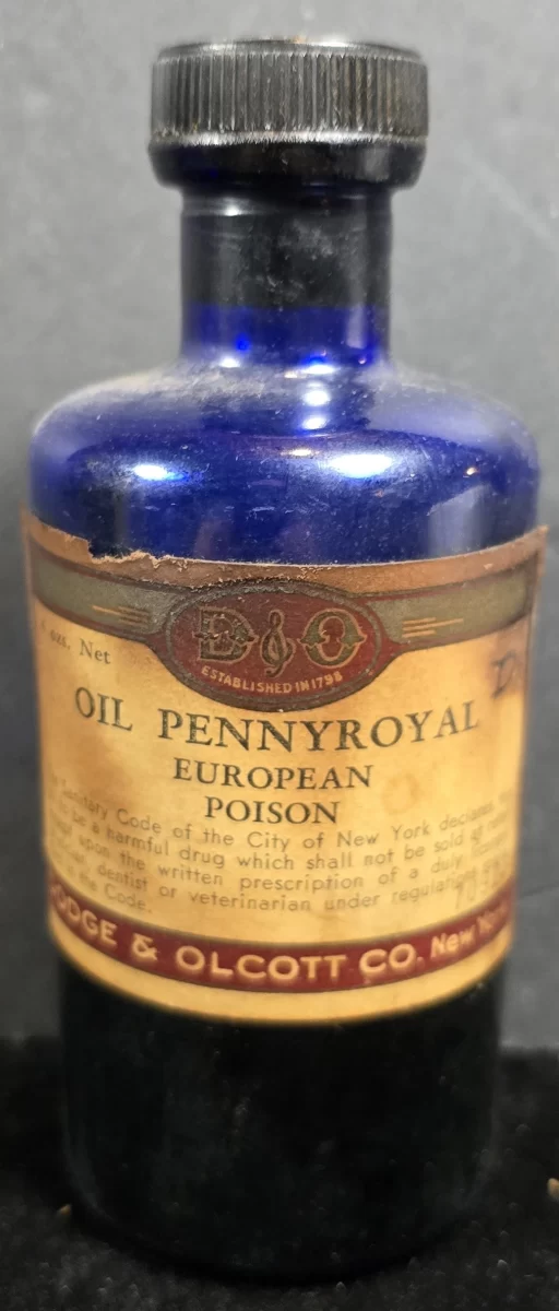 Dodge & Olcott cobalt blue Oil Pennyroyal poison bottle with original label