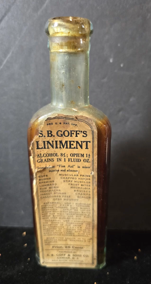 Antique bottle of S. B. Goff’s Liniment with original label and contents, produced by S. B. Goff & Sons Co., Camden, New Jersey.