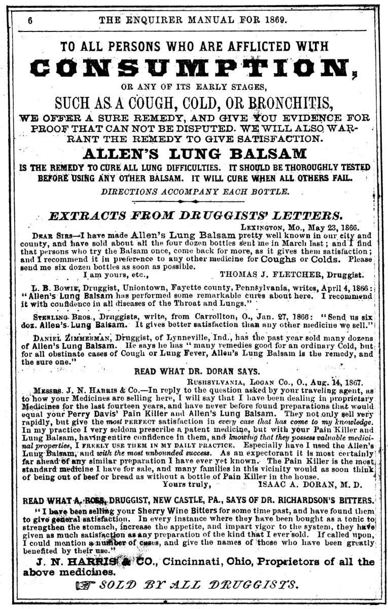 1869 Allen’s Lung Balsam newspaper ad proclaiming a cure for consumption, coughs, colds, and bronchitis with multiple testimonials.