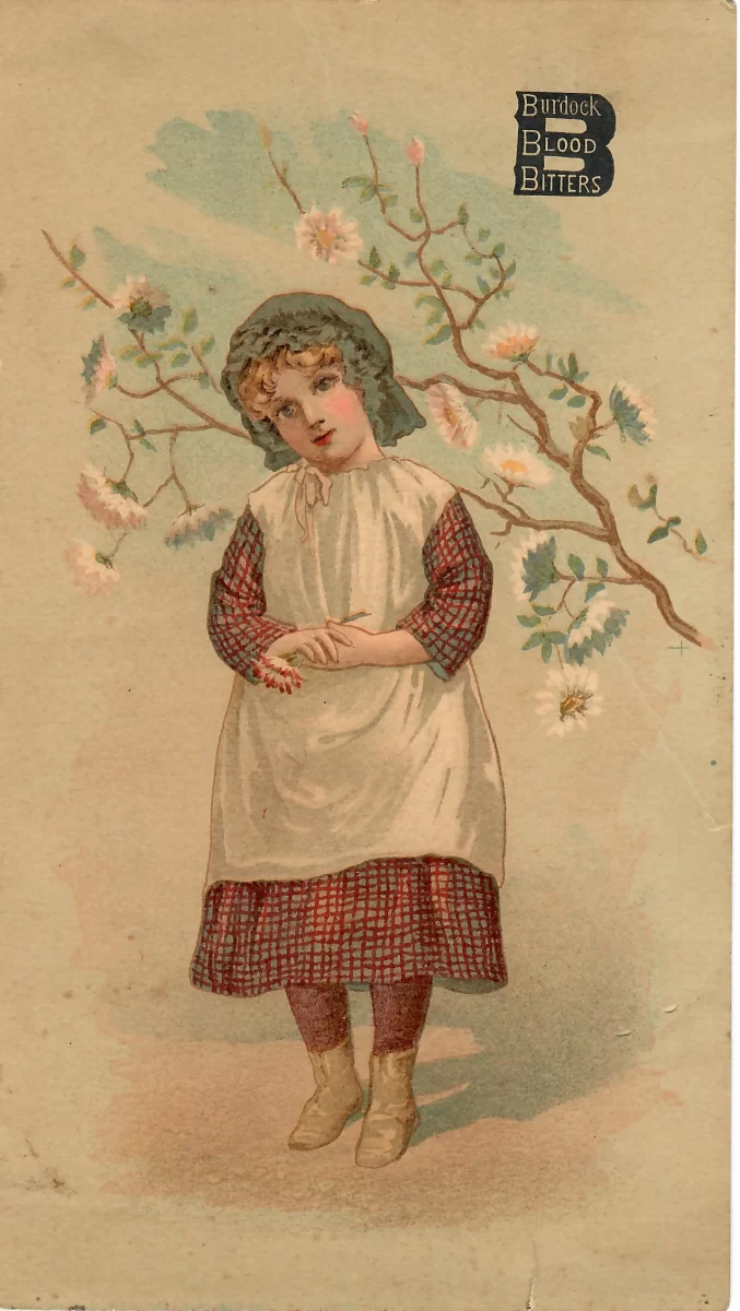 Antique Burdock Blood Bitters lithographed trade card with child illustration and advertising text.