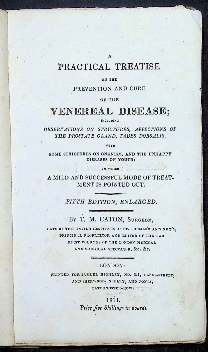 1811 A Practical Treatise on the Venereal Disease by T. M. Caton — original blue paper boards and title page detailing venereal disease treatment.