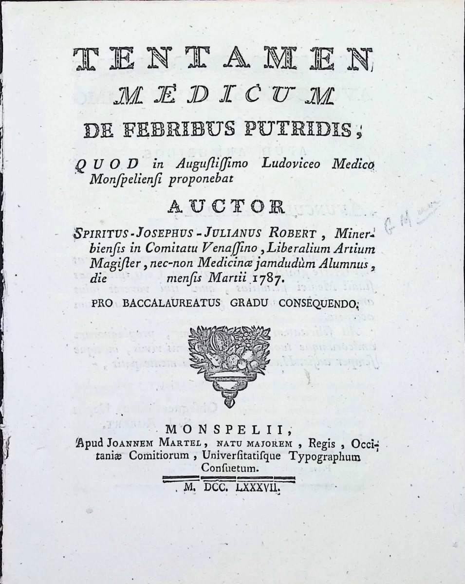 Title page of Tentamen Medicum de Febribus Putridis, 1787 medical dissertation on putrid fevers, University of Montpellier