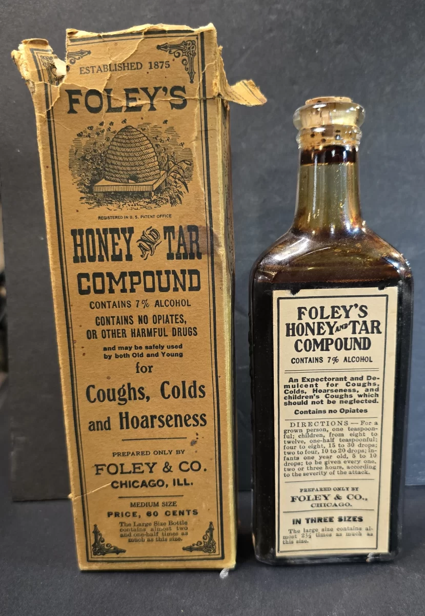 Antique Foley’s Honey and Tar Compound bottle with original box, Foley & Co., Chicago, early 1900s.