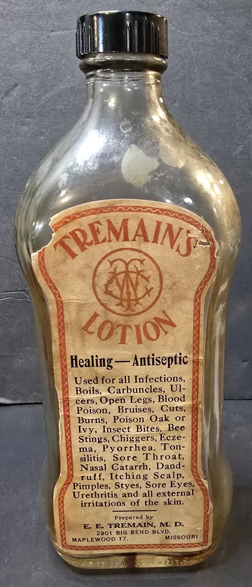 Antique Tremain’s Lotion healing antiseptic bottle with original paper label