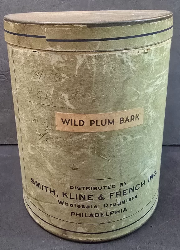 Vintage Smith Kline French fiber pharmaceutical drum labeled Wild Plum Bark containing original bark fragments.
