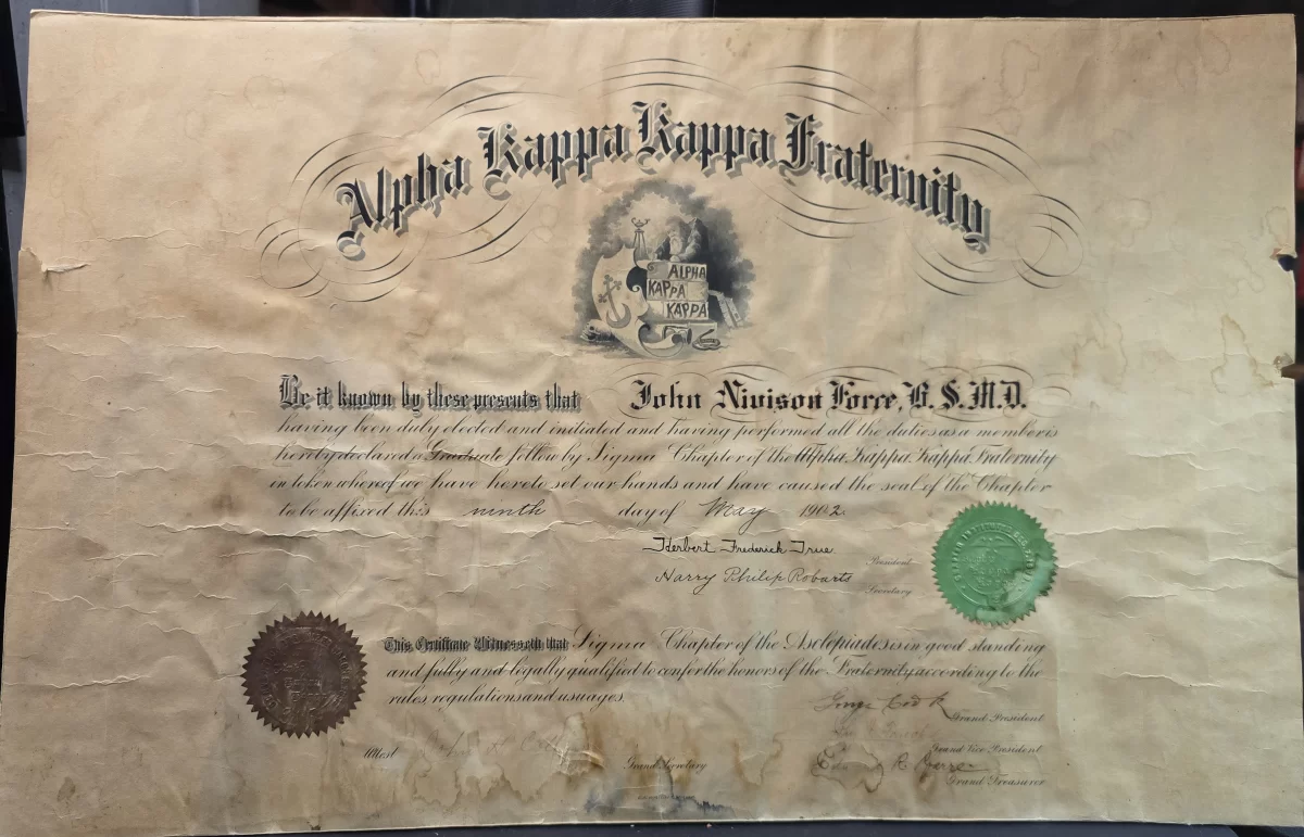 Alpha Kappa Kappa medical fraternity document, early 20th-century printed certificate intended for framing