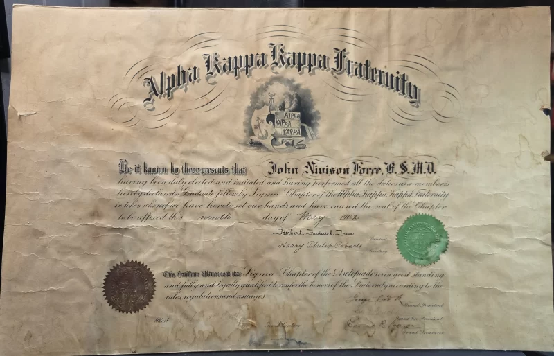 Alpha Kappa Kappa medical fraternity document, early 20th-century printed certificate intended for framing