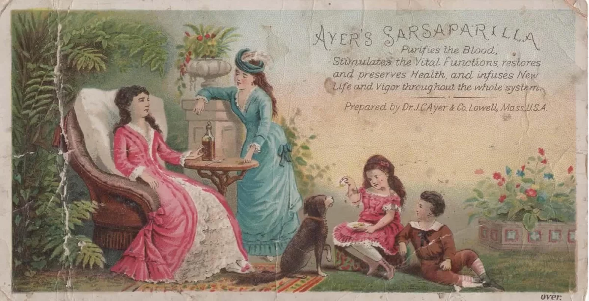 Color lithograph advertisement for Ayer’s Sarsaparilla showing a Victorian family scene with women and children gathered around a seated patient, promoting the medicine as a blood purifier and restorative.