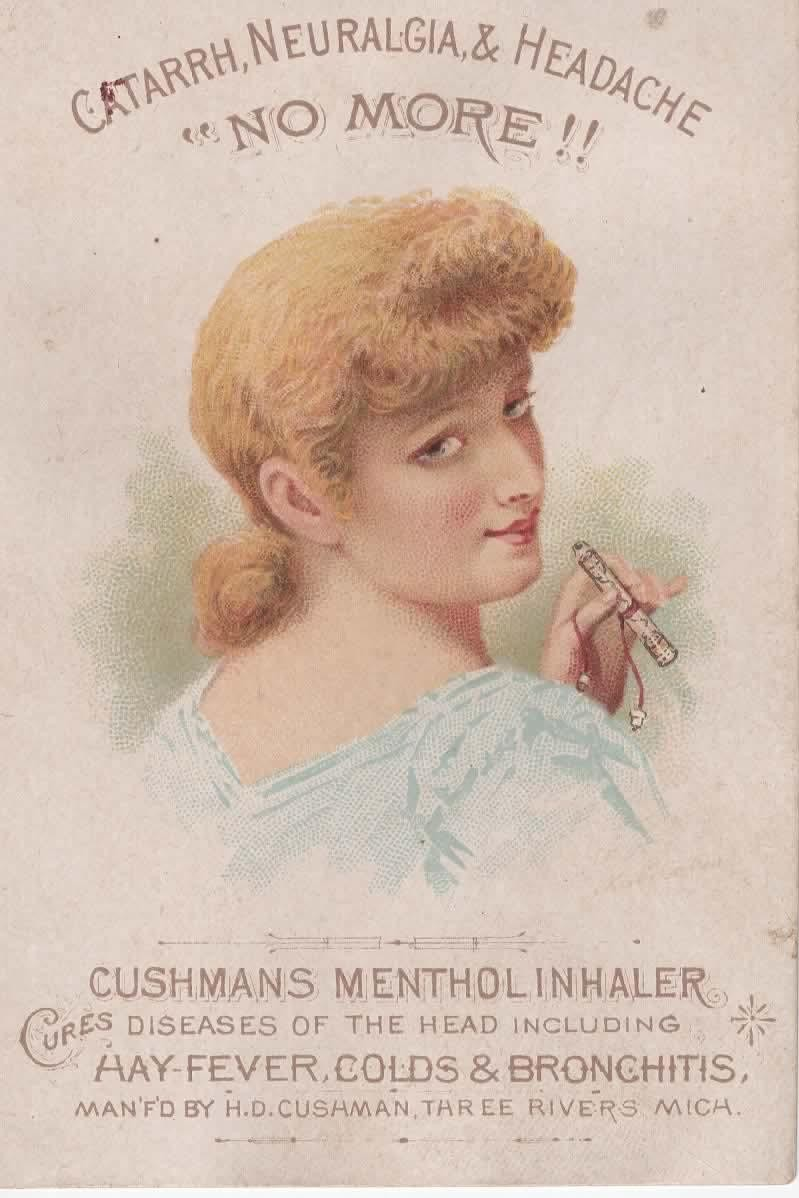 Chromolithograph advertising card for Cushman’s Menthol Inhaler depicting a woman holding a menthol inhaler, late 19th century