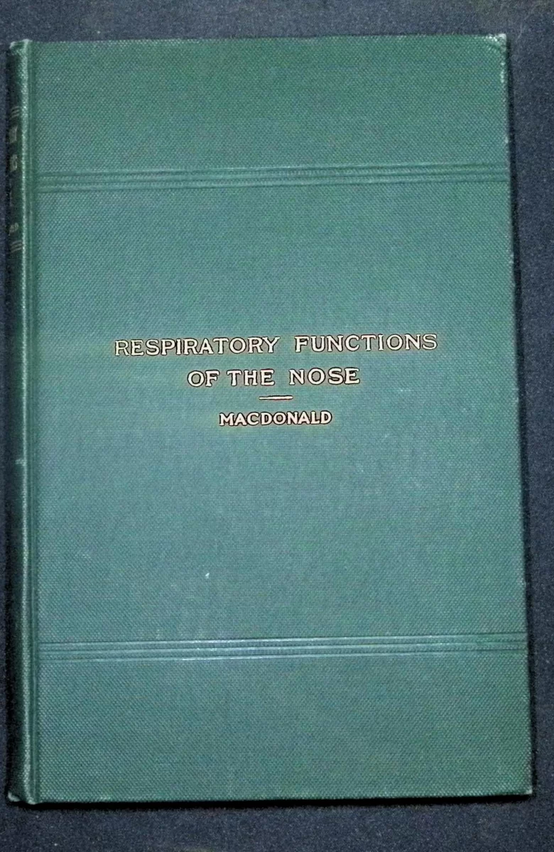1889 cloth-bound book titled On the Respiratory Functions of the Nose by Greville Macdonald with experimental illustrations