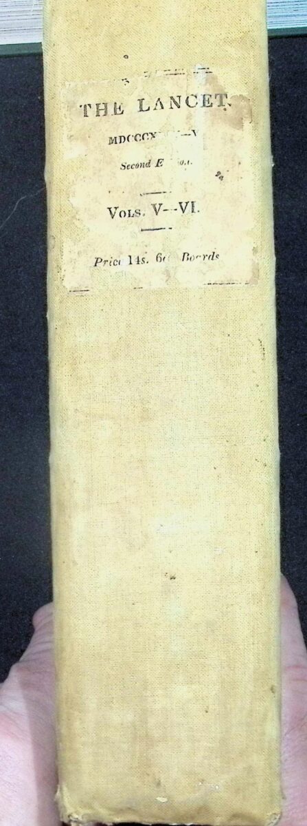 Bound volumes of The Lancet Volumes V–VI (1824–1825) with marbled boards and period cloth spine