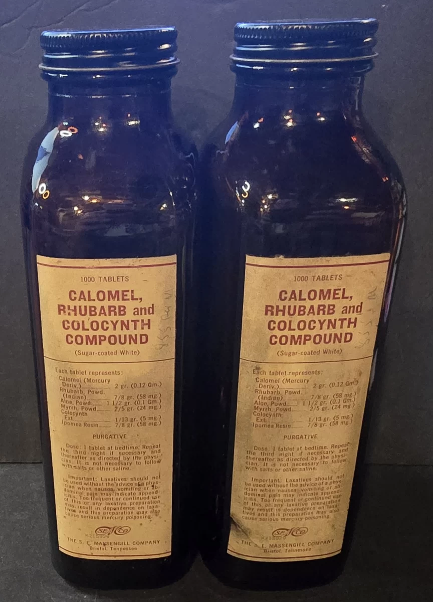 Calomel Rhubarb and Colocynth Compound tablets pharmacy bottles by S E Massengill Company