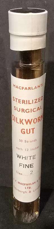 Macfarlan sterilized surgical silkworm gut sutures in glass tube