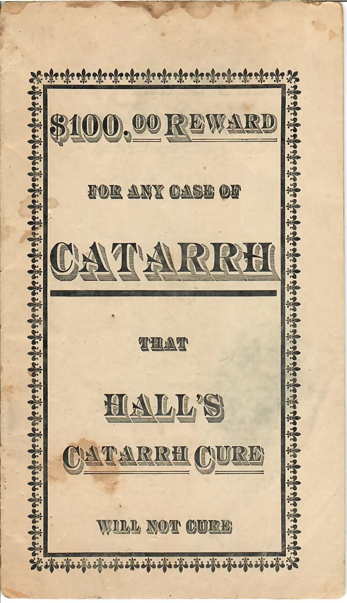 Hall’s Catarrh Cure pamphlet cover with $100 reward guarantee