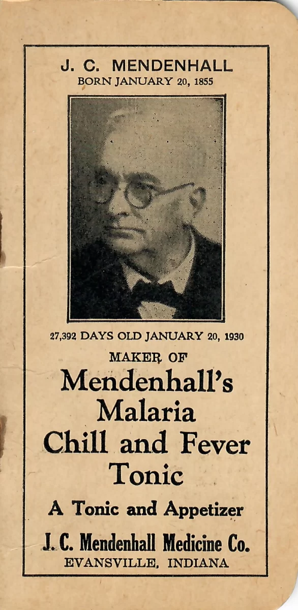 Antique advertising booklet for Mendenhall’s Malaria Chill and Fever Tonic showing portrait of J. C. Mendenhall and Evansville Indiana medicine company branding.
