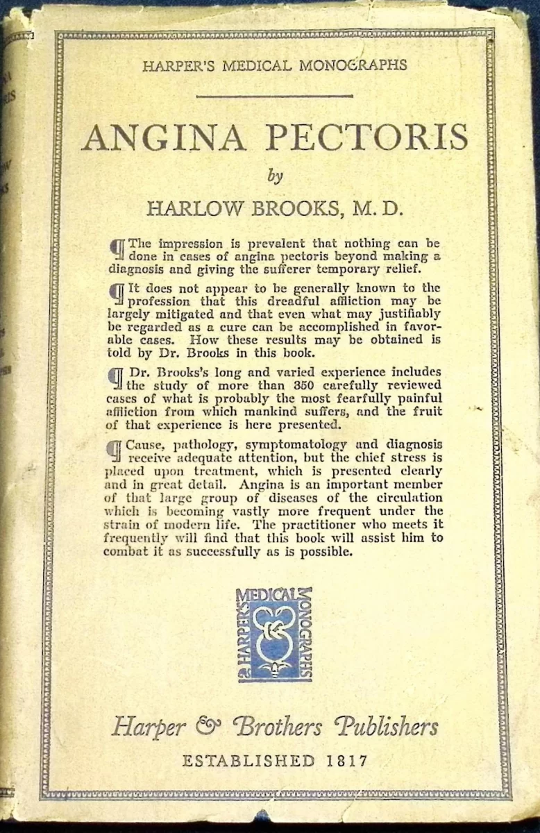 Front cover of 1929 Angina Pectoris by Harlow Brooks from Harper’s Medical Monographs