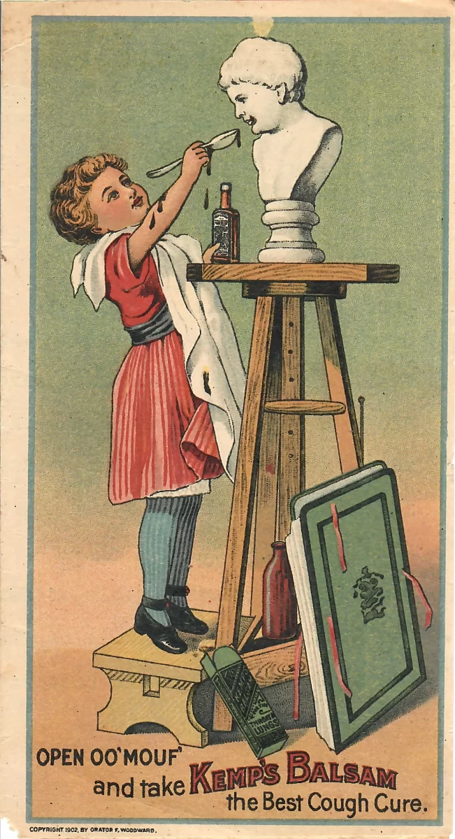 Original circa 1902 Kemp's Balsam advertising trade card with child illustration and Lane's Family Medicine advertisement on reverse.