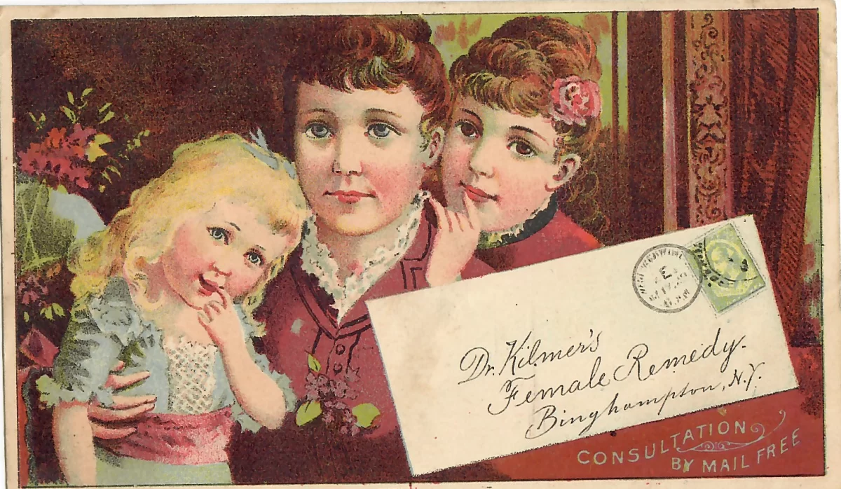 Victorian Dr. Kilmer’s Female Remedy advertising trade card showing mother and children with reverse advertising claims for women’s patent medicine complaints.