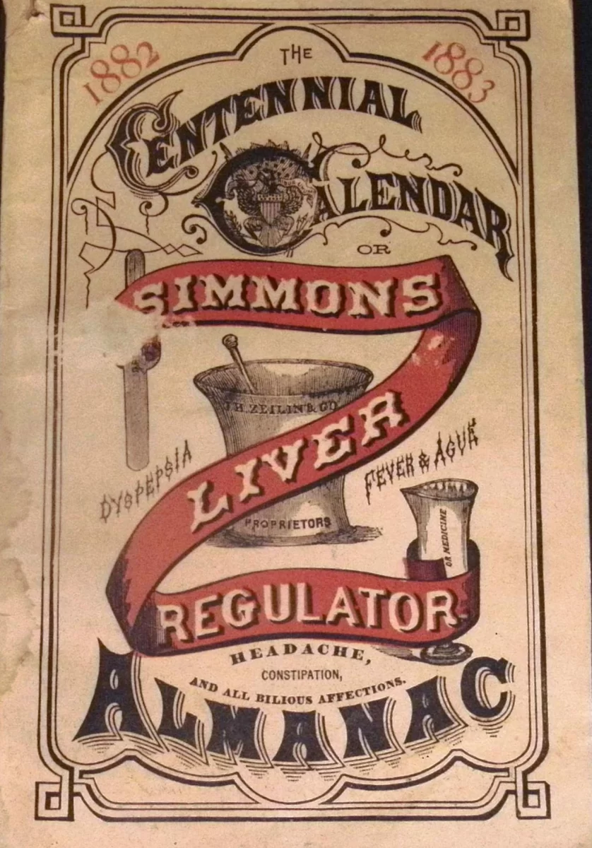 1882 Centennial Calendar of Simmons Liver Regulator advertising almanac published by J. H. Zeilin & Co.
