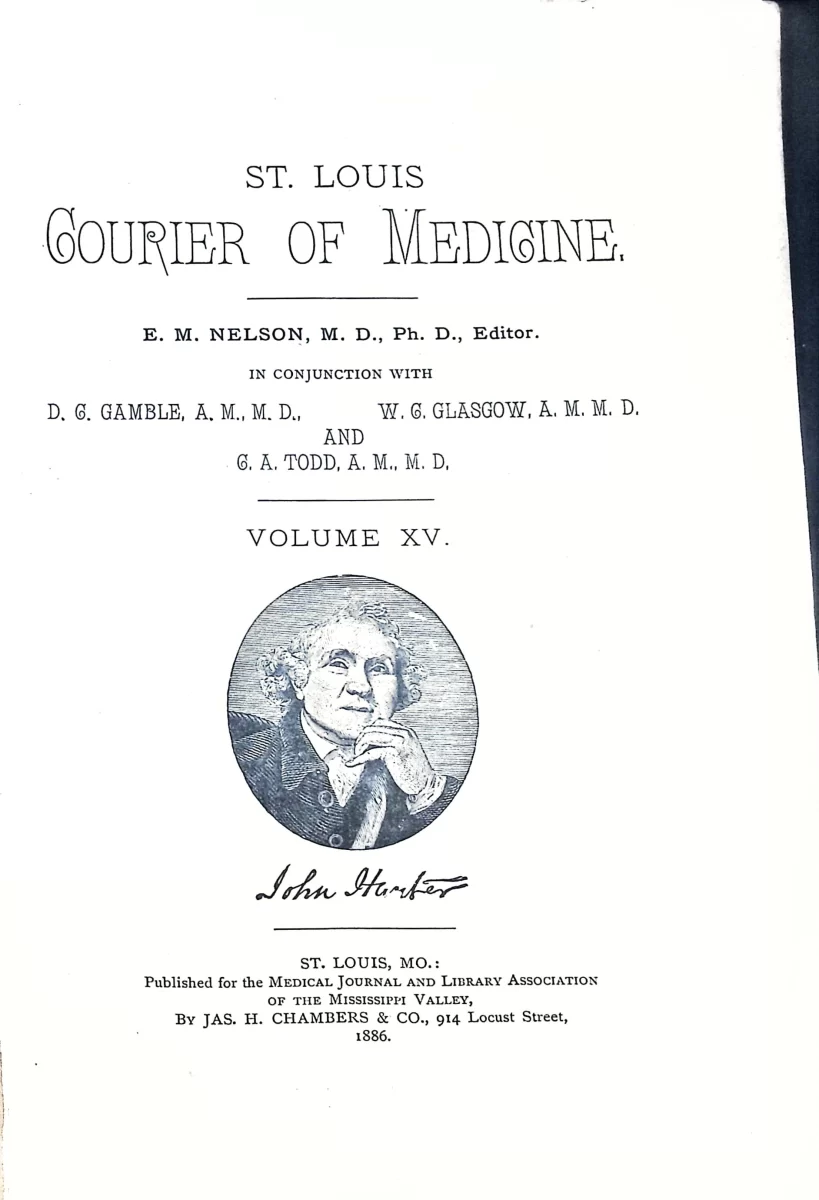 Title page for Volume XV of the St. Louis Courier of Medicine, published in St. Louis in 1886.