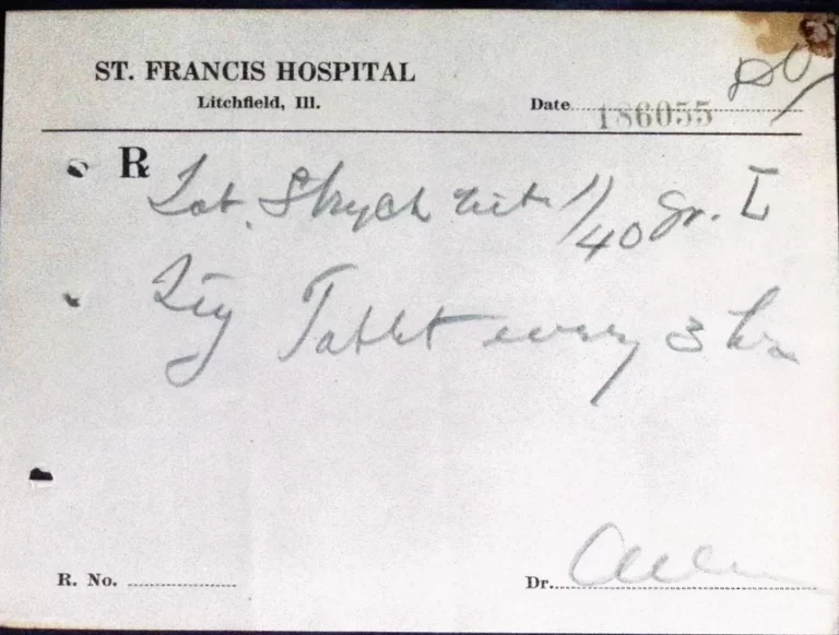 Original handwritten hospital prescription for strychnine nitrate tablets on St. Francis Hospital Litchfield Illinois prescription form