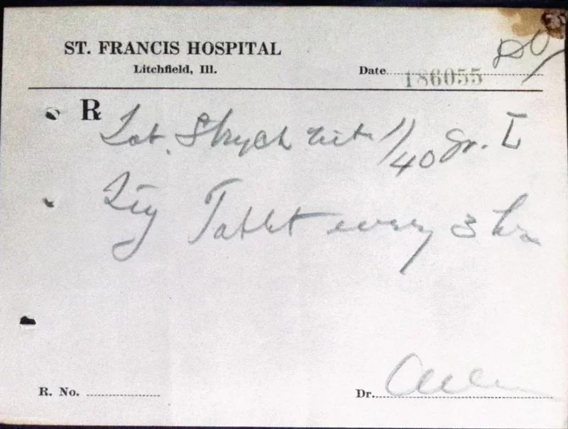 Original handwritten hospital prescription for strychnine nitrate tablets on St. Francis Hospital Litchfield Illinois prescription form